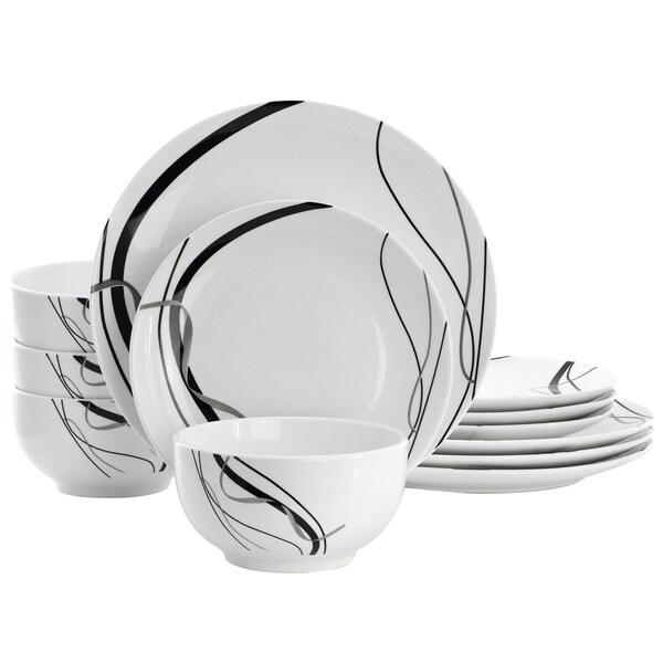 Elama Sarah 12 Piece Porcelain Black Ribbon Dinnerware Set, Service for 4 in White and Black 750123737M - main