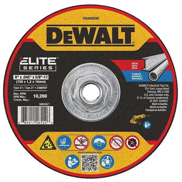 Dewalt Depressed Center Cut-Off Wheel, Type 27, 6 in Dia, 0.045 in Thick, 5/8"-11 Arbor Hole Size, Ceramic DWA8959H - main