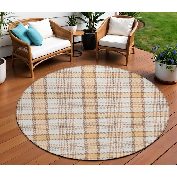 Homeroots 8' Peach And Beige Round Plaid Washable Indoor Outdoor Area Rug 601346 - main