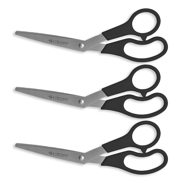 Westcott Value Line Stainless Steel Shears, 8" Long, 3.5" Cut Length, Crane-Style Black Handle, PK3 13402 - main