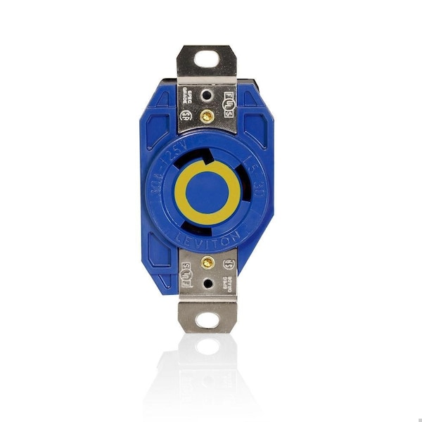 Leviton Flanged Locking Receptacle, L5-30R, 30 A, 125V AC, Single Phase, 2 Pole, Flush Mount, Blue 2610-BU - main