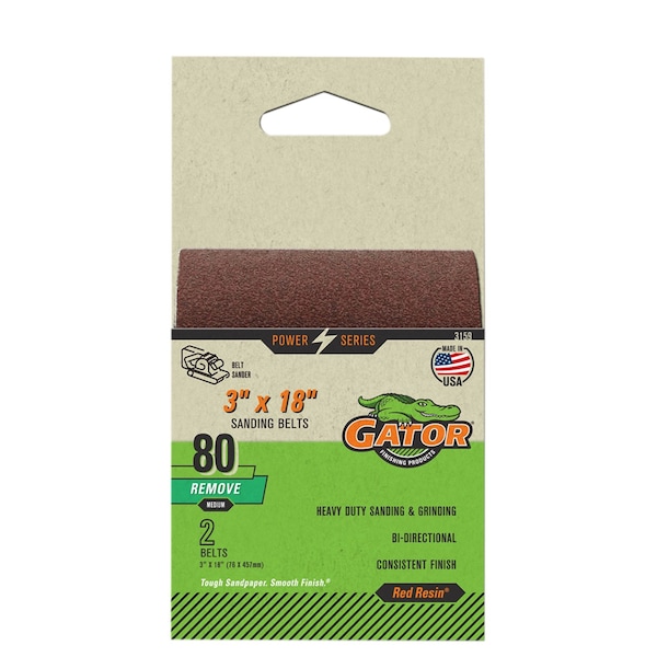 Gator Finishing Red Resin 3 x 18 in. Sanding Belt, 80 Grit, Medium, 2PK 3159 - main