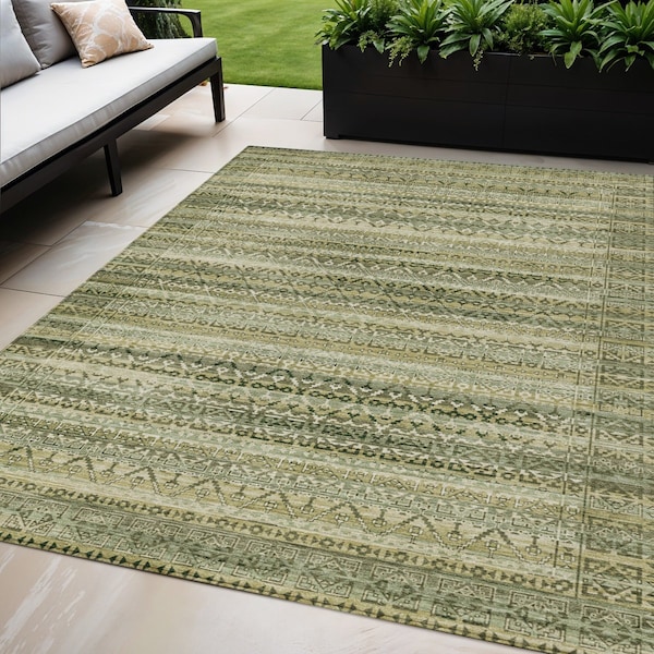 Homeroots 5' X 8' Green And Beige Striped Washable Indoor Outdoor Area Rug 631492 - main