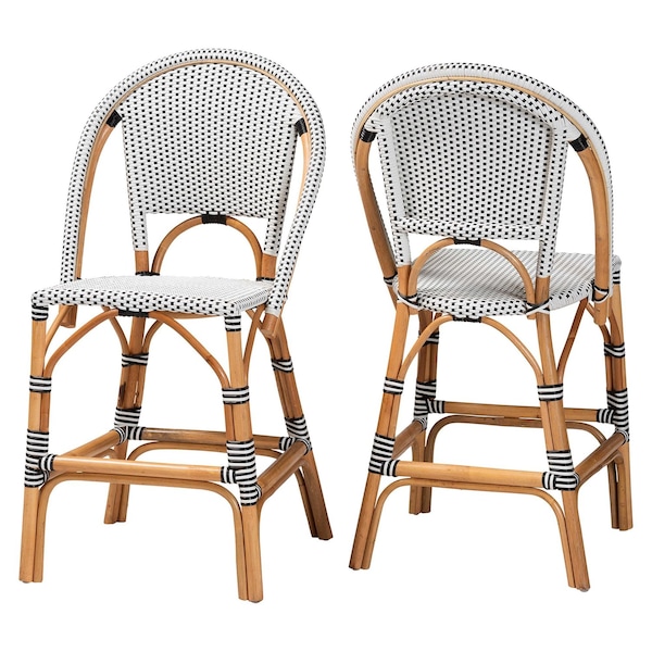 Bali & Pari Genica Classic French Two-Tone Black and White Weaving and Natural Rattan 2-Piece Counter Stool Set 251-2PC-13958-ZORO - main