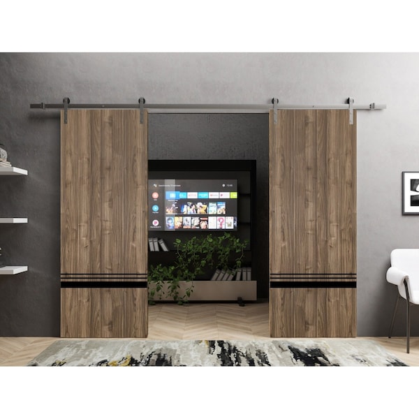 Sartodoors Sliding Double Barn Doors with Hardware, Planum 0012 Walnut and Aluminum Strips, Silver 13FT Rail H PLANUM0012DB-S-WLN-36 - main