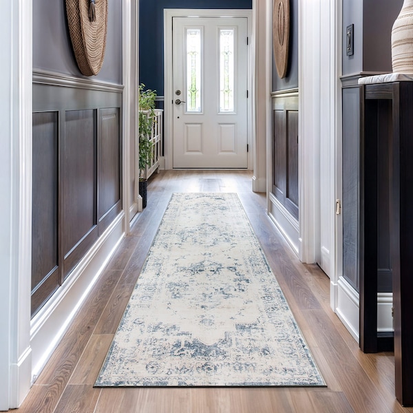 World Rug Gallery Traditional Vintage Distressed Washable Non Slip Runner Rug 2 ft x 10 ft Blue WR77BLUE2X10 - main