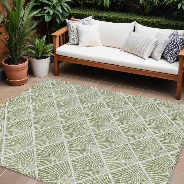 Homeroots 8' X 10' Green Beige And Ivory Geometric Washable Indoor Outdoor Area Rug 594704 - main