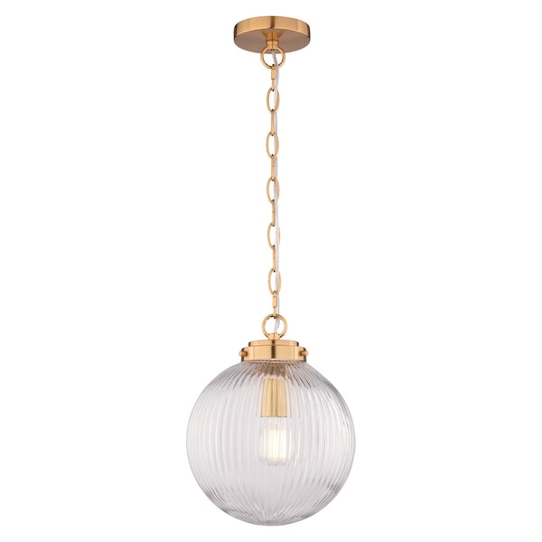 Vaxcel Linden 1-Light Muted Brass Gold Globe Pendant Light with Clear Ribbed Glass Shade Art Deco P0457 - main