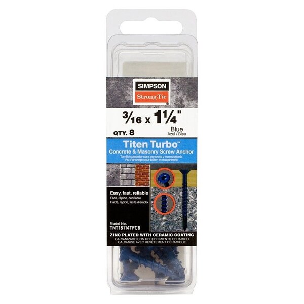 Simpson Strong-Tie Titen Turbo Screw Anchor, 3/16 in Dia, 1-1/4 in L, Carbon Steel, Zinc Plated TNT18114TFC8 - main