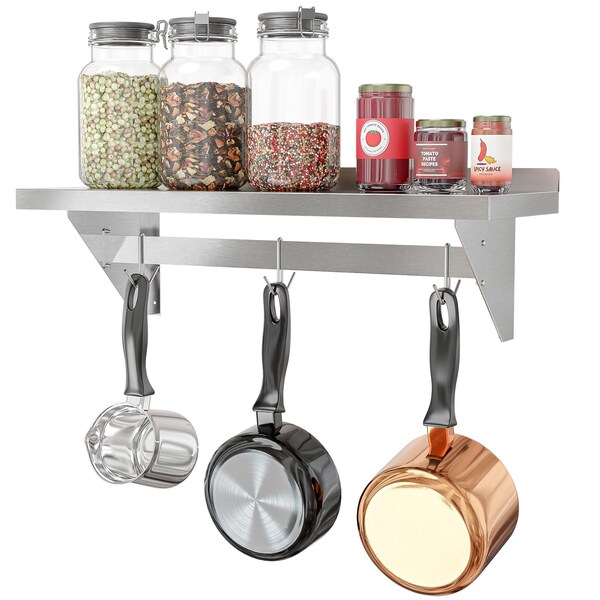 Koolmore 12'' x 36'' 18-Gauge Stainless-Steel Heavy Duty Wall Shelf with Pot Rack, . WMPS-1236 - main