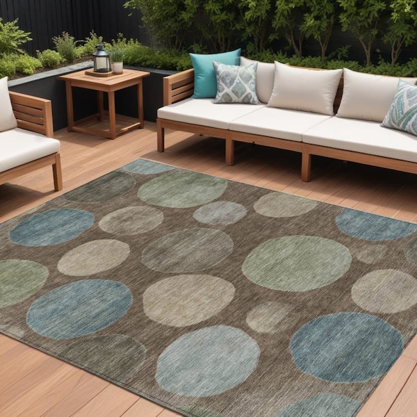 Homeroots 8' X 10' Chocolate Fern Green And Teal Blue Geometric Washable Indoor Outdoor Area Rug 630570 - main
