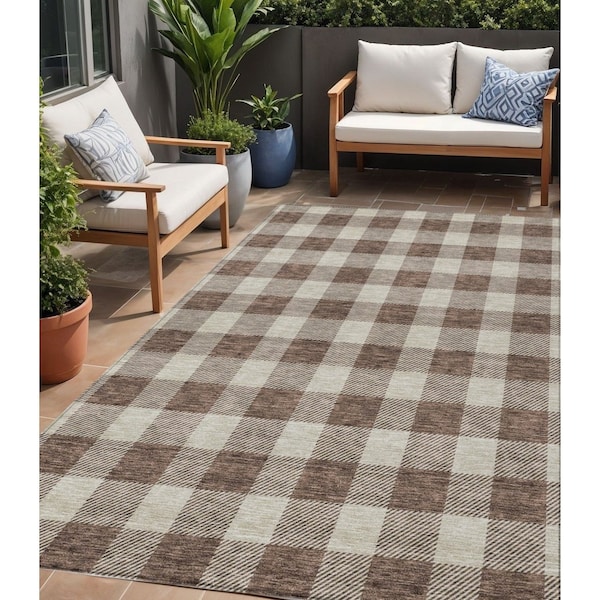 Homeroots 5' X 8' Brown And Beige Plaid Washable Indoor Outdoor Area Rug 595380 - main