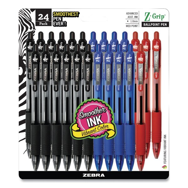 Zebra Pen Z-Grip Ballpoint Pen, Retractable, Medium 1 mm, Assorted Ink and Barrel Colors, 24PK 12224 - main