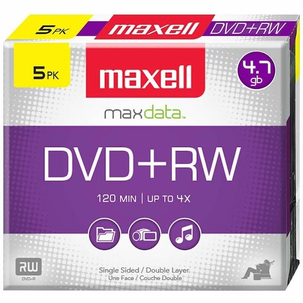 Maxell DVD+RW 4X REWRITABLE 4.7GB UP TO 120 MIN RECORDING 5PK JEWEL CASE, 5PK 634045 - main