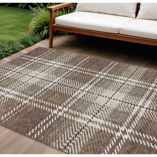 Homeroots 10' X 14' Brown Black And Ivory Plaid Washable Indoor Outdoor Area Rug 596320 - main