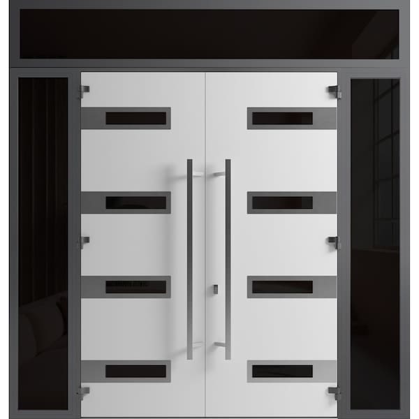 Vdomdoors Front Exterior Prehung Aluminum Double Doors Ronex0131 Black Enamel 2 Sidelights and Top Transom RONEX0131DEXD-BLK-W14+72+14xH96+14-LH-O - main