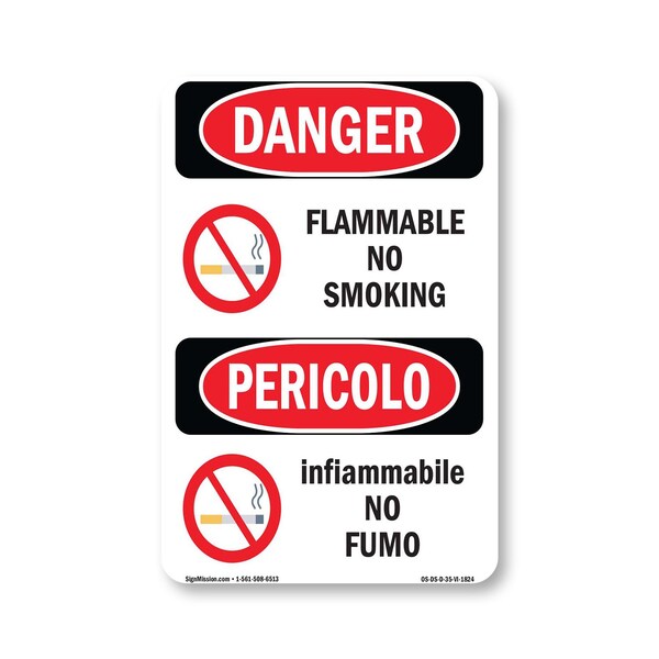 Signmission OSHA Danger Sign, Flammable No Smoking Bilingual, 5in X 3.5in Decal, OS-DS-D-35-VI-1824 OS-DS-D-35-VI-1824 - main