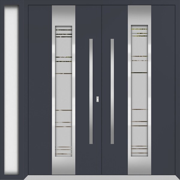 Vdomdoors Metal Double Doors Deux 0757 Gray Graphite Frosted Glass 1 Sidelight Entry Modern Painted 86x80 (W7 DEUX0757DEXD-GRE-W72+14xH80-RH-I - main