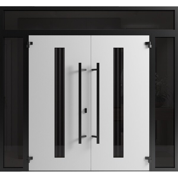 Vdomdoors Front Exterior Prehung Aluminum Double Doors Ronex1055 Teak 2 Sidelights and Top Transom Mirrored RONEX1055DEXD-OAK-W12+72+12xH80+12-RH-I - main