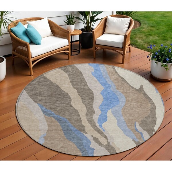 Homeroots 8' Taupe Tan And Blue Round Abstract Washable Indoor Outdoor Area Rug 601016 - main