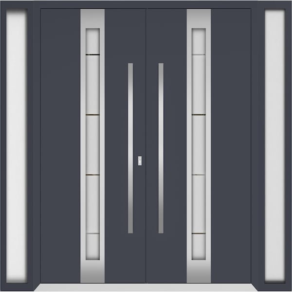 Vdomdoors Aluminum Double Doors Deux 1717 Gray Graphite Frosted Glass 2 Sidelights Entry Modern Painted 96x96 DEUX1717DEXD-GRE-W12+72+12xH96-RH-O - main