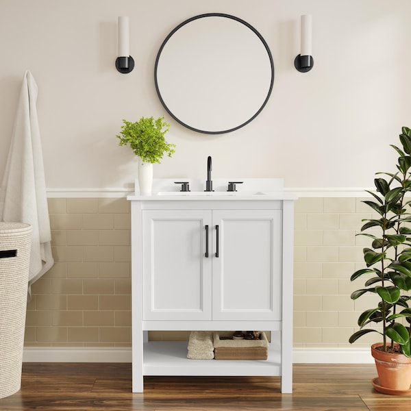 Flash Furniture Vega 30in. Vanity w/Sink, Soft Close Doors & Open Shelf, Carrara Marble, Black Hardware, Wht/Wht FS-VEGA30-WH-HDBLK-GG - main