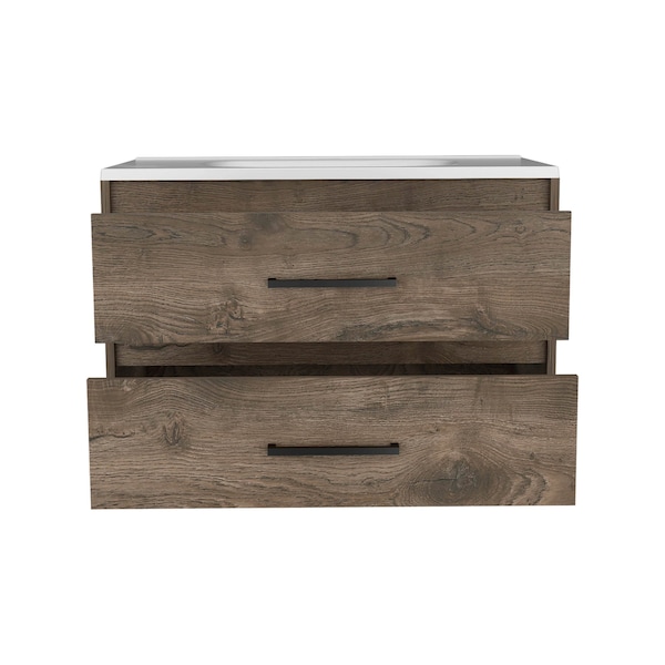 Homeroots 32" Natural And Black Wood Floating Bathroom Vanity With White Sink And Two Drawers 543635 - main