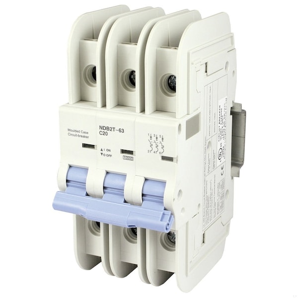 Automation Systems Interconnect 20 Amp, 3 Pole, 240/277/480YVac, Trip Curve: C, DIN Rail Mount-Miniature Circuit Breaker, UL489 NDB2T-63C20-3L - main