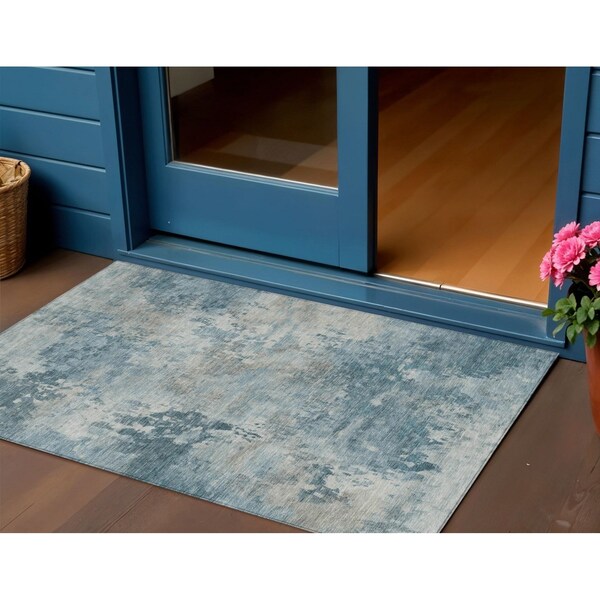 Homeroots 3' X 5' Teal Blue And Beige Abstract Washable Indoor Outdoor Area Rug 630897 - main