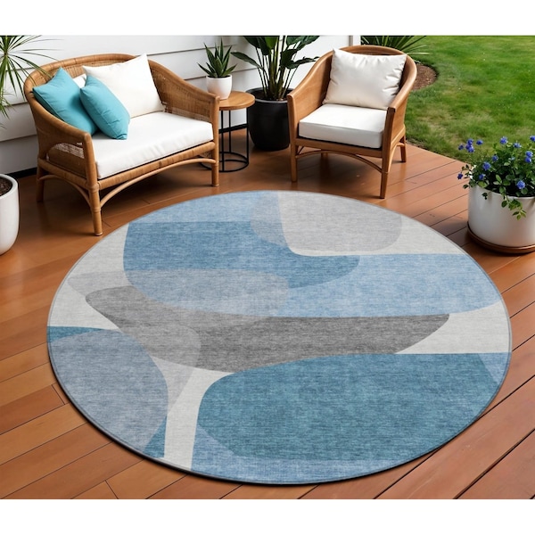 Homeroots 8' Denim Blue And Gray Round Abstract Washable Indoor Outdoor Area Rug 632151 - main