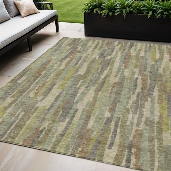 Homeroots 5' X 8' Artichoke Green And Ivory Striped Washable Indoor Outdoor Area Rug 609025 - main