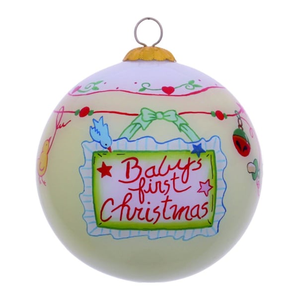 Homeroots Baby's First Christmas with Motifs Hand Painted Mouth Blown Glass Ornament 477454 - main