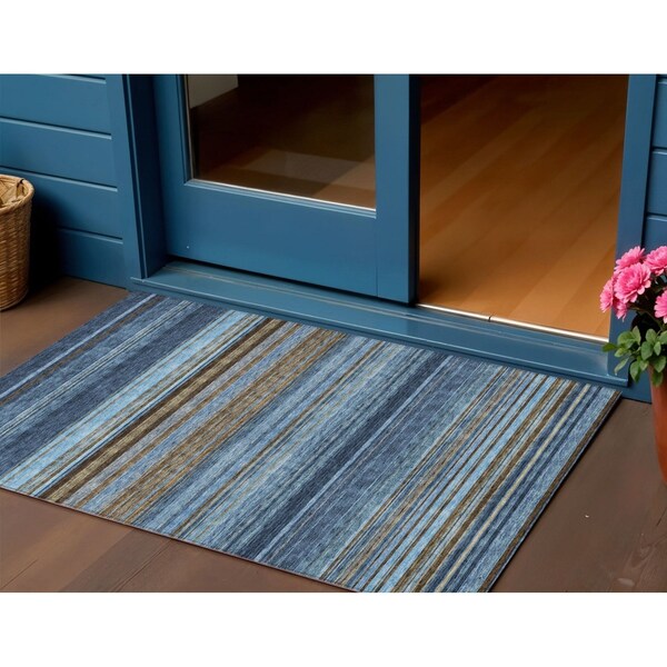 Homeroots 3' X 5' Navy Blue Sky Blue And Taupe Striped Washable Indoor Outdoor Area Rug 614815 - main