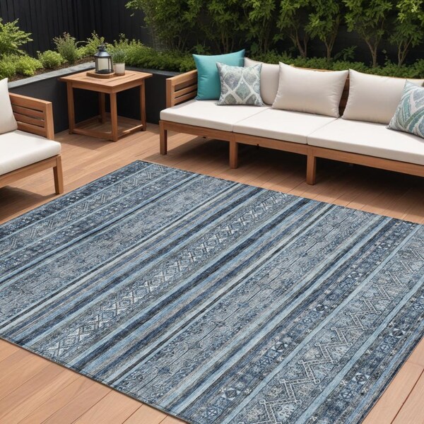 Homeroots 8' X 10' Blue And Gray Oriental Washable Indoor Outdoor Area Rug 616337 - main