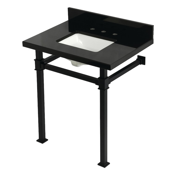 Kingston Brass 30" Black Granite Console Sink with Stainless Steel Legs, 8-Inch, 3-Hole, Black Granite/Matte Black KVPK30KSQ0 - main
