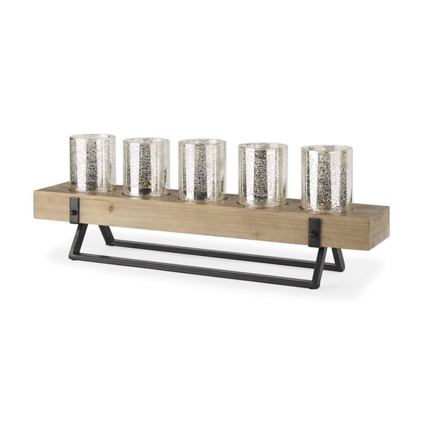 Homeroots 7" Black And Brown Distressed Mirrored Solid Wood Metal And Glass Tabletop Votive Candle Holder 608555 - main
