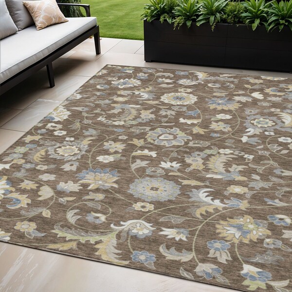 Homeroots 5' X 8' Chocolate Beige And Blue Floral Washable Indoor Outdoor Area Rug 597807 - main