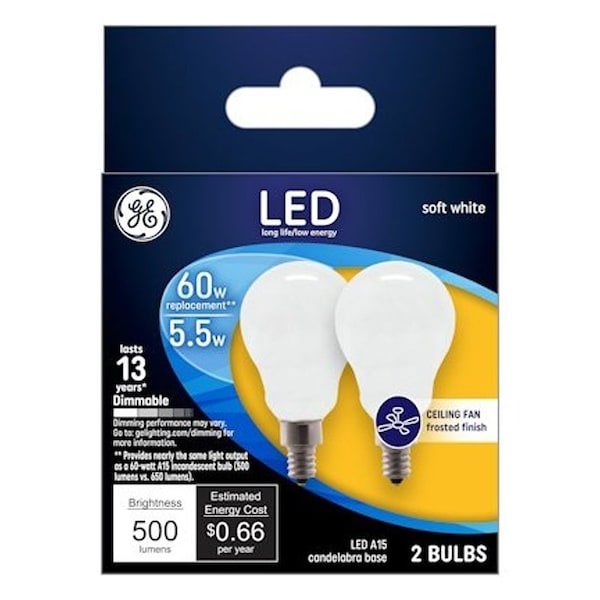 Ge Industrial Solutions LED Bulb, General Purpose, A15 Lamp, 60 W Equivalent, E12 Lamp Base, Dimmable, Frosted, 2PK 24949 - main