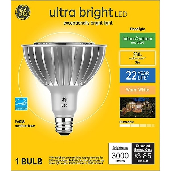 Ge 37667 LED Bulb, Flood/Spotlight, PAR38 Lamp, 250 W Equivalent, E26 Lamp Base 93130531 - main