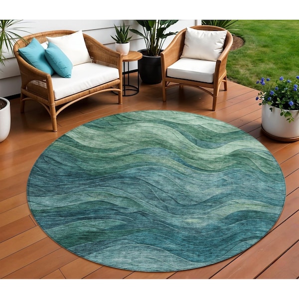 Homeroots 8' Teal Blue And Green Round Abstract Washable Indoor Outdoor Area Rug 618180 - main