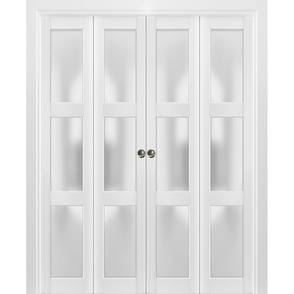 Sartodoors Sliding Closet Double Bi-fold Doors, Lucia 2552 White Silk with Frosted Glass, Sturdy Tracks Moldi LUCIA2552DBF-BEM-96 x 96 (4* 24x96) - main