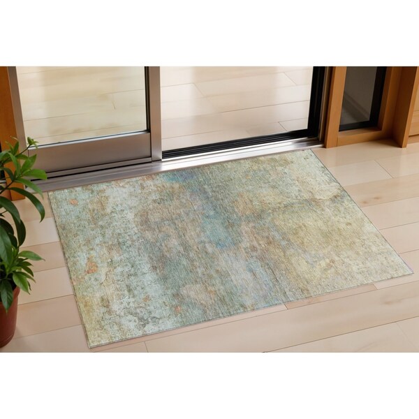 Homeroots 3' X 5' Wheat Sky Blue And Beige Abstract Washable Indoor Outdoor Area Rug 631461 - main