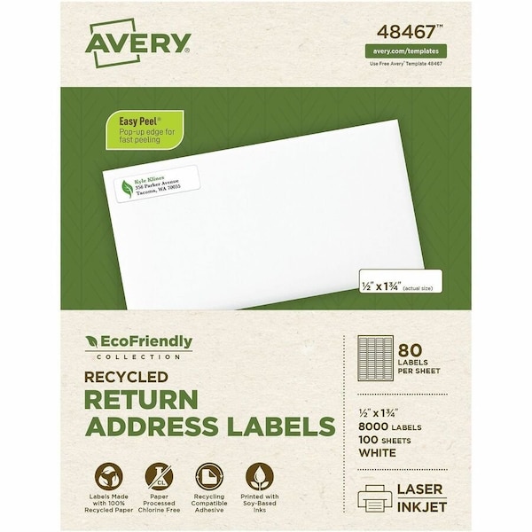 Avery Address Label, 1/2" Label W, 80 Labels per Sheet White 48467 - main