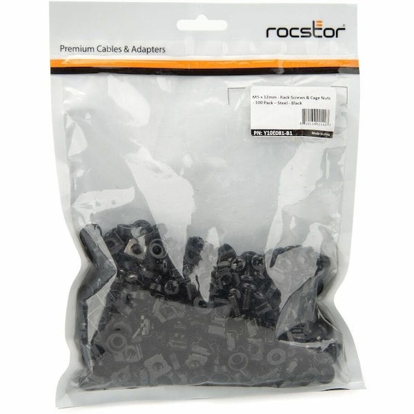 Rocstor PREMIUM M5 X 12MM RACK CAGE NUTS - 100 PACK - BLACK - 100 SETS OF CABINET MOUNTI, 100PK Y10E081-B1 - main