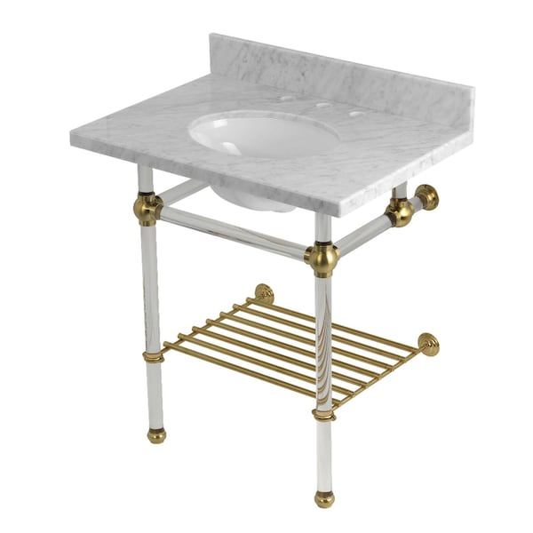 Kingston Brass 30-Inch Carrara Marble Console Sink with Acrylic Legs and Shelf, 8-Inch, 3-Hole KVPB30MAB7 - main