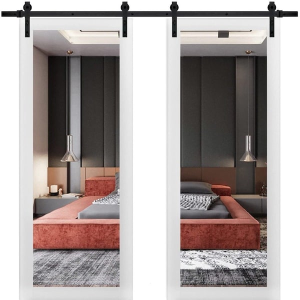 Sartodoors Sturdy Double Barn Door with Mirror, Lucia 1299 White Silk, 13FT Rail Hangers Heavy Set, Solid Pa LUCIA1299DB-WS-5696 - main