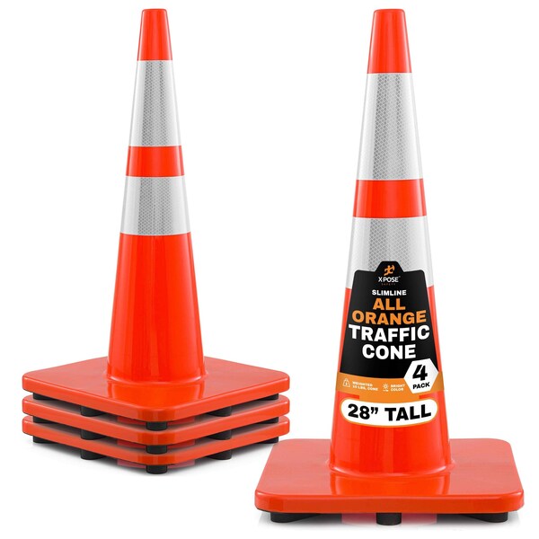 Xpose Safety 28 Inch Orange Slim Line Traffic Cones Heavy Duty 10lb with 6in and 4in Collars, DOT Approved, 4PK AOTC28SL-64-10L-4-X-S - main
