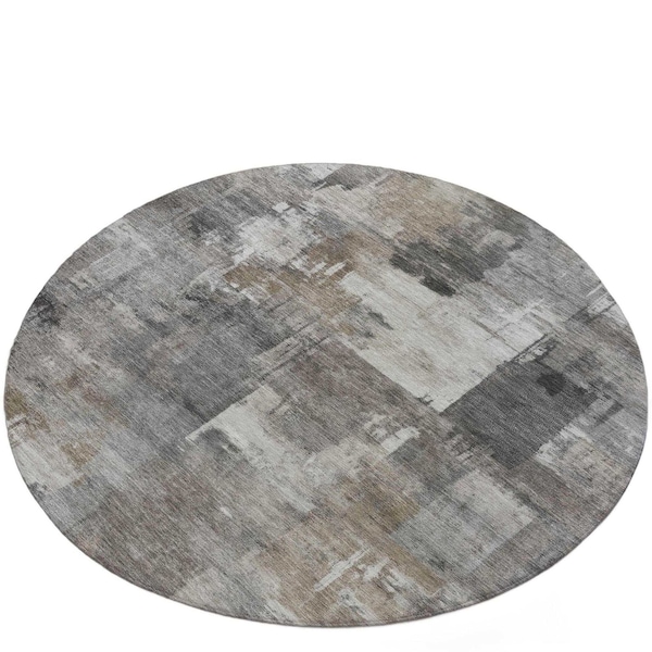 Homeroots 8' Pewter Khaki And Charcoal Round Abstract Washable Indoor Outdoor Area Rug 630785 - main