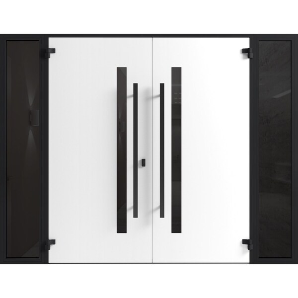 Vdomdoors Front Exterior Prehung Aluminum Double Doors Ronex0144 Grey Mirrored Clear Glass 2 Sidelights Entry RONEX0144DEXD-GRE-W12+72+12xH96-RH-O - main