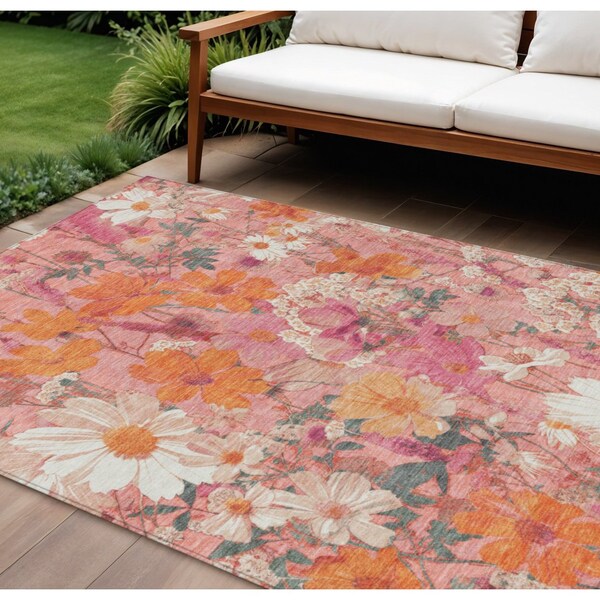 Homeroots 9' X 12' Blush Pink And Orange Floral Washable Indoor Outdoor Area Rug 611190 - main